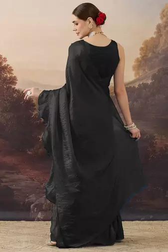Black solid satin ruffle ready to wear saree with ruffles