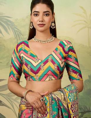 Multicolor ethnic motifs mirror work silk blend designer saree 5