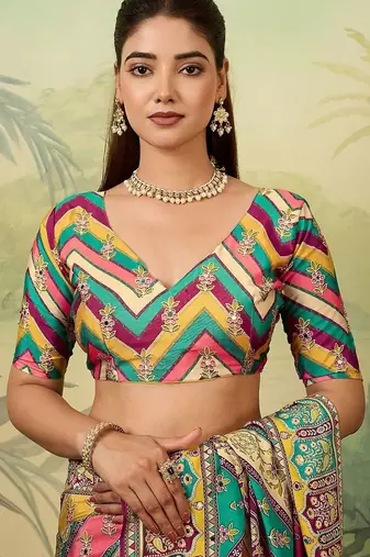 Multicolor ethnic motifs mirror work silk blend designer saree