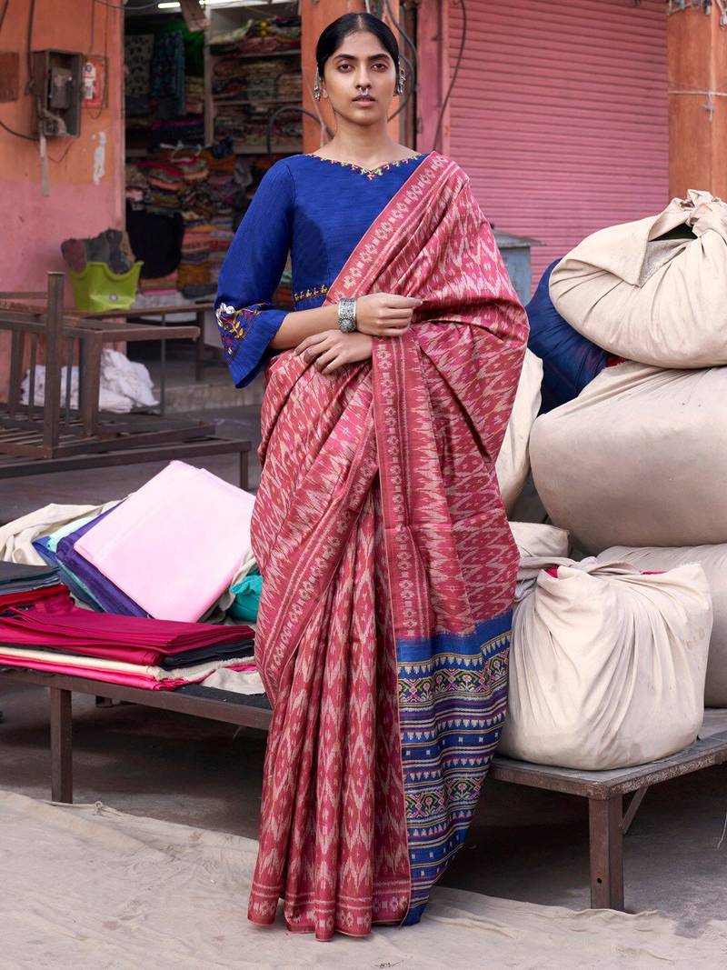 Pink ethnic motifs printed saree