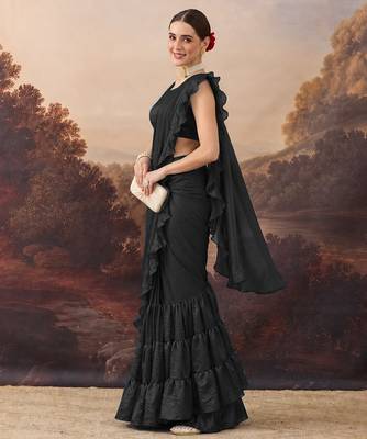 Black solid satin ruffle ready to wear saree with ruffles 3