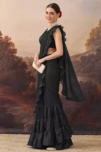 Black solid satin ruffle ready to wear saree with ruffles