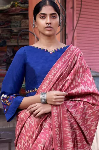Pink ethnic motifs printed saree