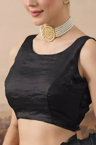 Black solid satin ruffle ready to wear saree with ruffles