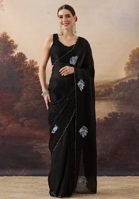 Black bird printed satin designer ready to wear saree 1