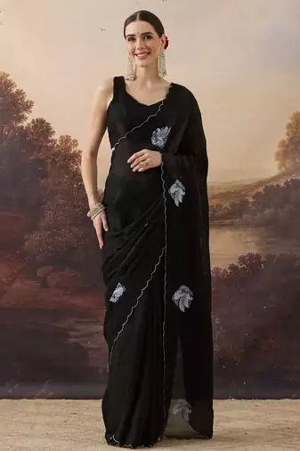 Black bird printed satin designer ready to wear saree