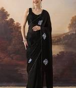 Black bird printed satin designer ready to wear saree