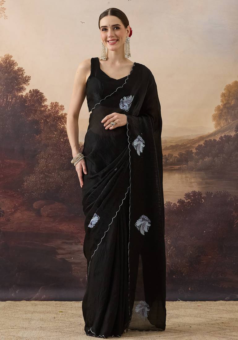 Black bird printed satin designer ready to wear saree