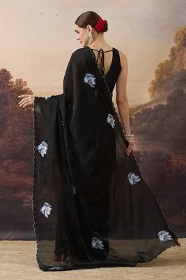 Black bird printed satin designer ready to wear saree 2