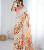 White women floral white  chiffon floral printed party wear saree