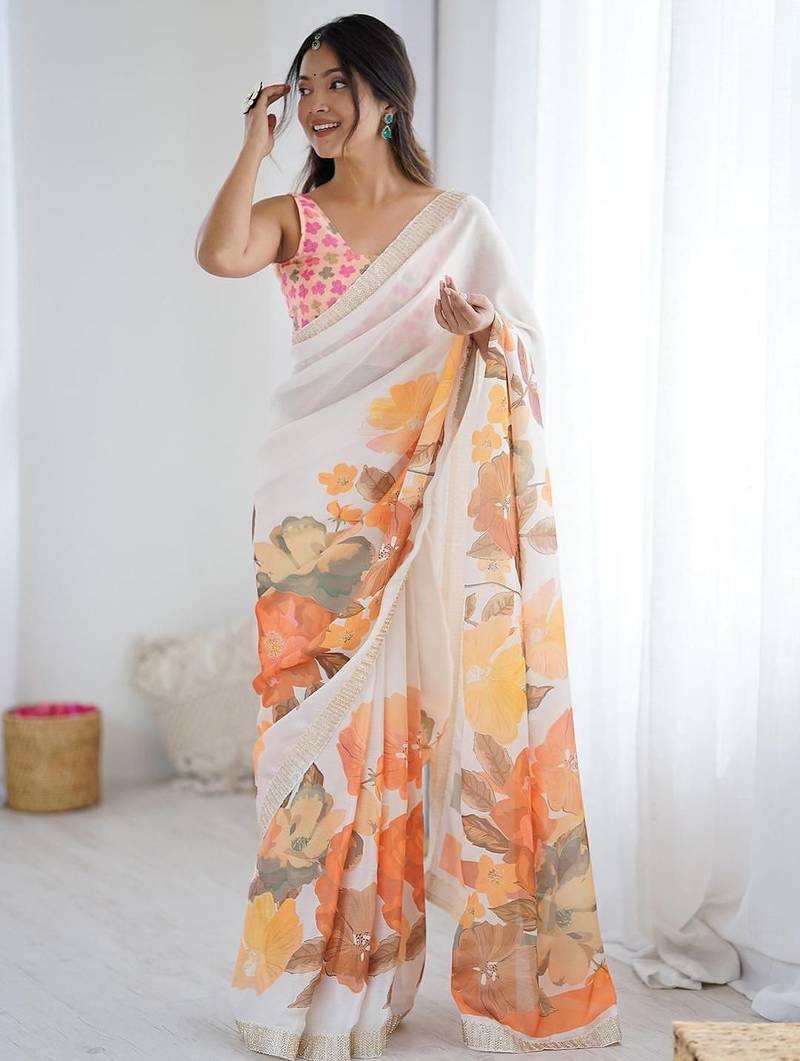 White women floral white  chiffon floral printed party wear saree