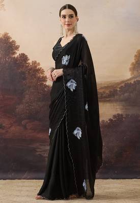 Black bird printed satin designer ready to wear saree 3