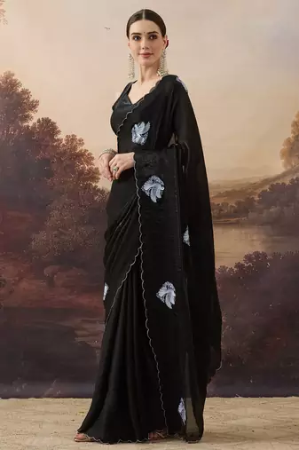 Black bird printed satin designer ready to wear saree