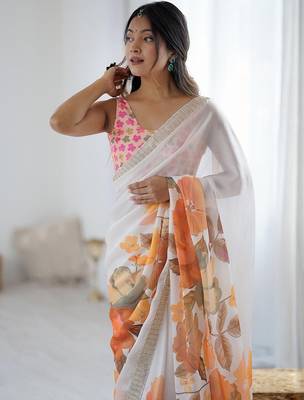 White women floral white  chiffon floral printed party wear saree 2