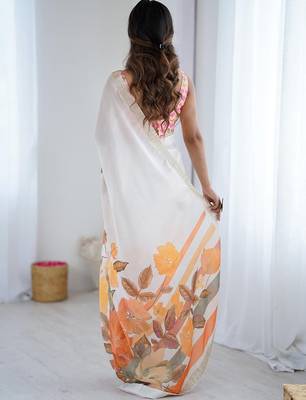 White women floral white  chiffon floral printed party wear saree 3