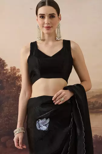 Black bird printed satin designer ready to wear saree