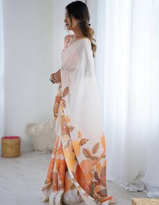 White women floral white  chiffon floral printed party wear saree 4