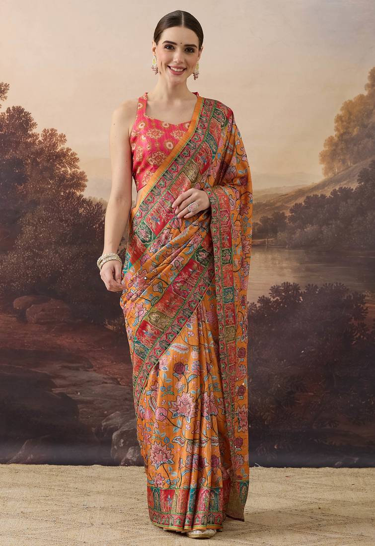 Orange floral printed aari work silk blend ready to wear saree