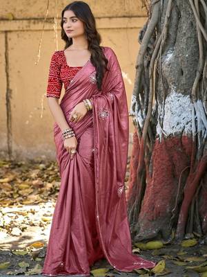 Pink embellished embroidered silk blend saree 1