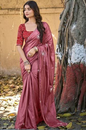 Pink embellished embroidered silk blend saree