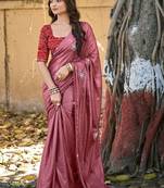 Pink embellished embroidered silk blend saree