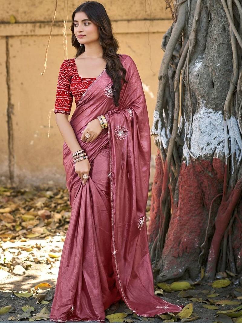 Pink embellished embroidered silk blend saree