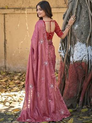 Pink embellished embroidered silk blend saree 2