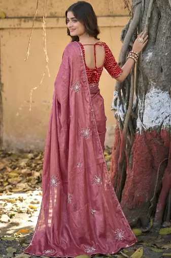 Pink embellished embroidered silk blend saree