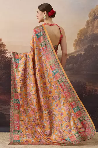 Orange floral printed aari work silk blend ready to wear saree