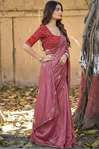 Pink embellished embroidered silk blend saree