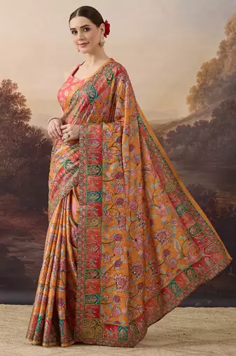 Orange floral printed aari work silk blend ready to wear saree