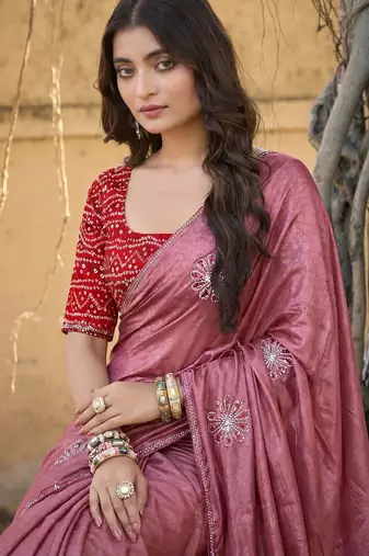 Pink embellished embroidered silk blend saree