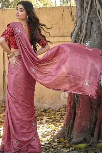 Pink embellished embroidered silk blend saree