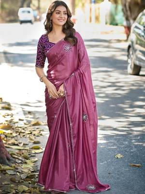 Purple ethnic motifs embroidered silk blend heavy work saree 1