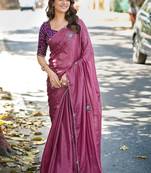 Purple ethnic motifs embroidered silk blend heavy work saree