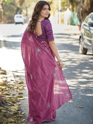 Purple ethnic motifs embroidered silk blend heavy work saree 2