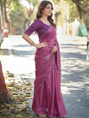 Purple ethnic motifs embroidered silk blend heavy work saree 3