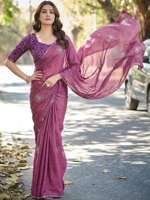 Purple ethnic motifs embroidered silk blend heavy work saree 4
