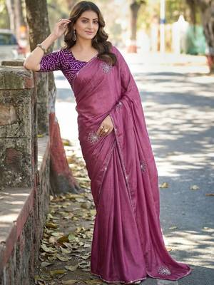 Purple ethnic motifs embroidered silk blend heavy work saree 5