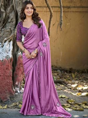 Purple embellished sequinned silk blend heavy work saree 1