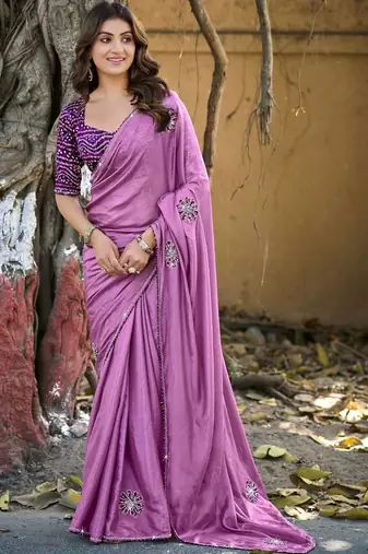 Purple embellished sequinned silk blend heavy work saree