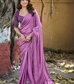 Purple embellished sequinned silk blend heavy work saree