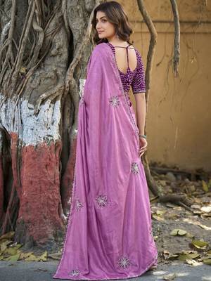 Purple embellished sequinned silk blend heavy work saree 2