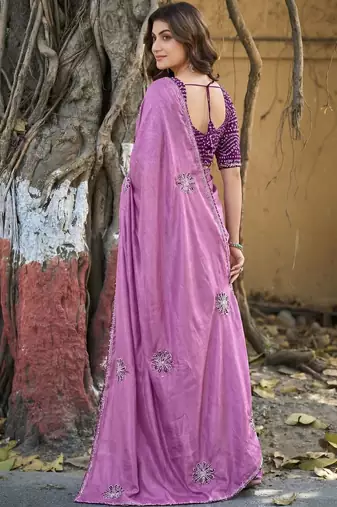 Purple embellished sequinned silk blend heavy work saree