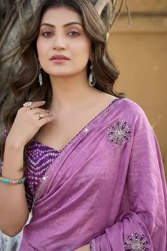 Purple embellished sequinned silk blend heavy work saree