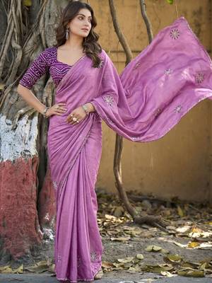 Purple embellished sequinned silk blend heavy work saree 5