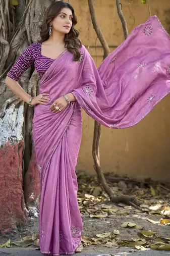 Purple embellished sequinned silk blend heavy work saree
