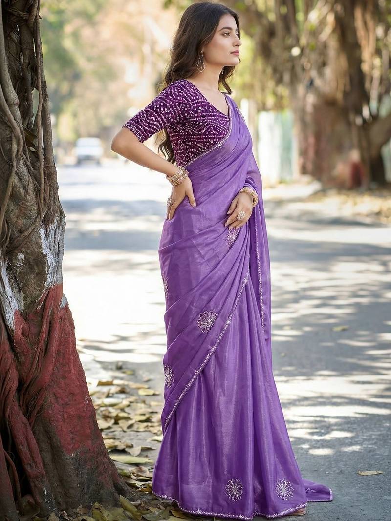 Purple ethnic motifs embroidered silk blend heavy work saree