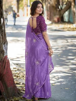 Purple ethnic motifs embroidered silk blend heavy work saree 2