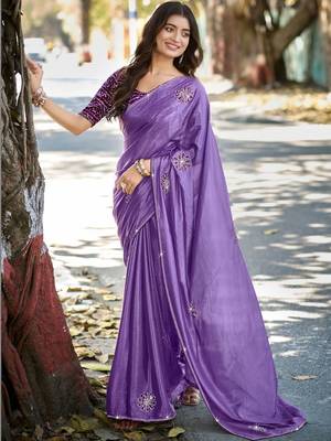 Purple ethnic motifs embroidered silk blend heavy work saree 3